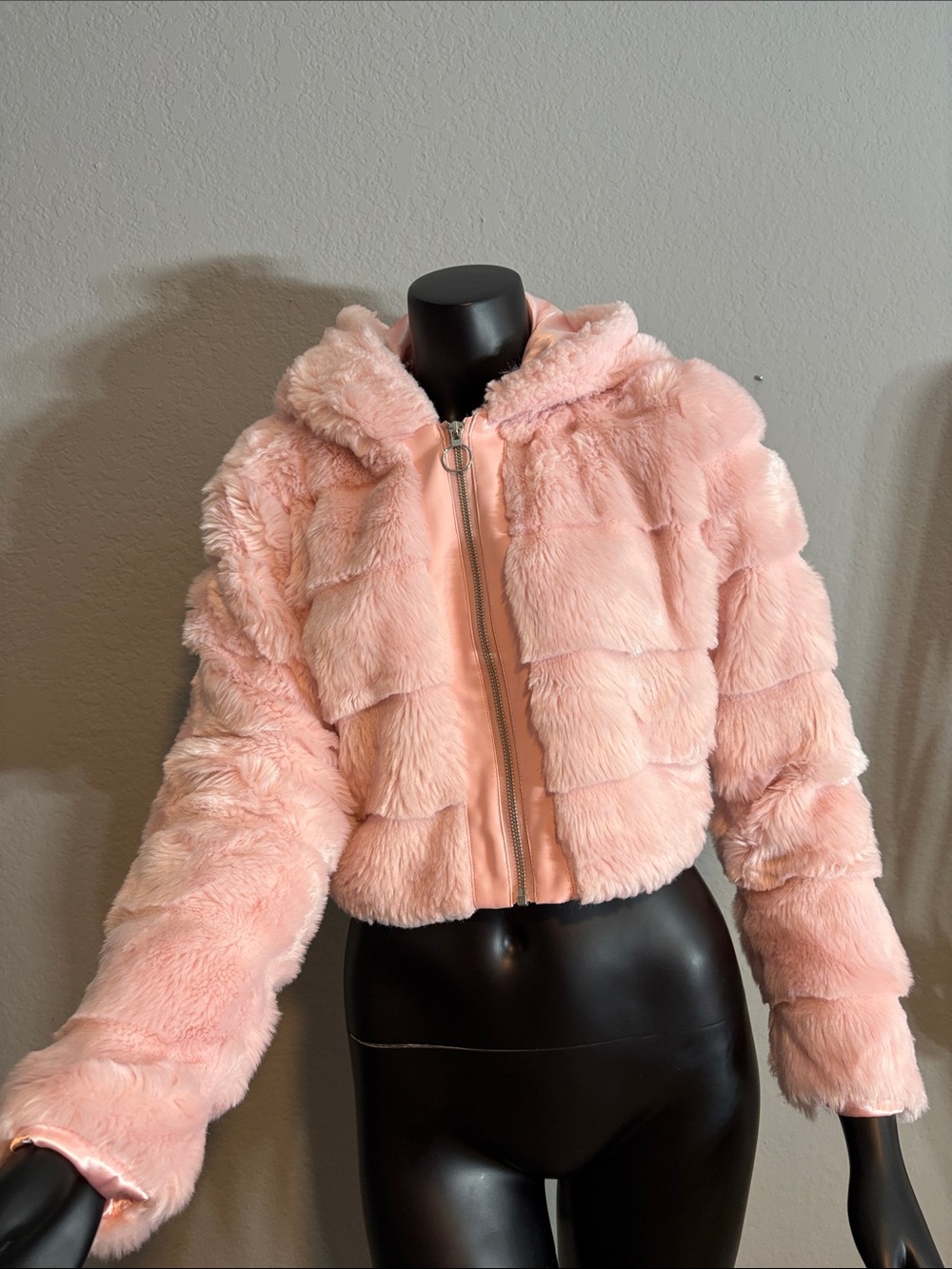 Cropped Pink Faux Fur Hooded Zip Teddy Jacket